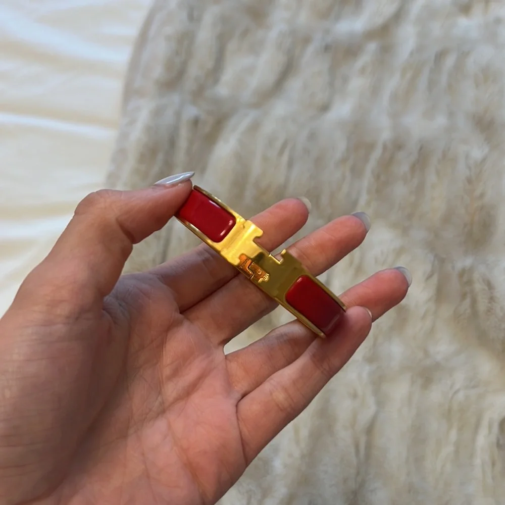 Hermes red enamel & gold H bangle bracelet set with green cord bracelet